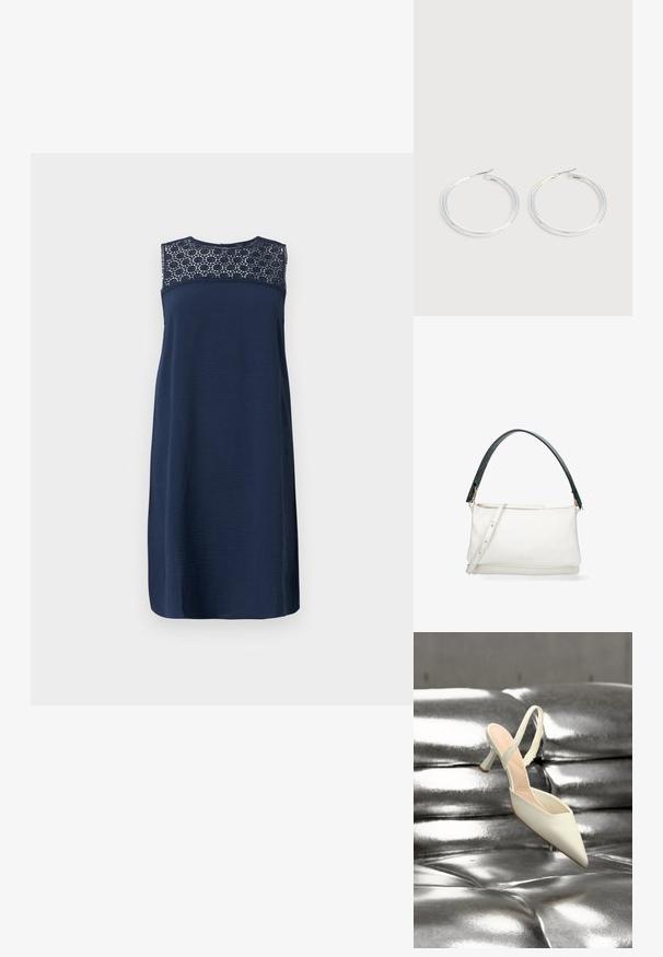 Vestido sin mangas azul marino con un cuerpo texturizado y detalles de encaje en el escote. Diseño de corte recto, de longitud a la rodilla y con un acabado suave.; Zapato de tacón alto blanco con punta fina y tira trasera apoyado sobre una superficie brillante, plateada metálica y capitoné.; Bolso de cuero blanco con una amplia correa de hombro texturizada de color verde oscuro y una correa cruzada ajustable, sobre un fondo blanco.; Pareja de pendientes de aro plateados brillantes con cierres de alambre delgado, mostrados sobre un fondo gris claro.