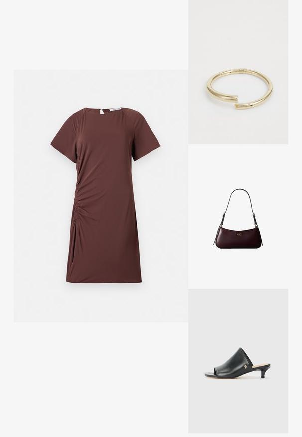 Vestido marrón de manga corta en tejido ligero con escote redondo y detalle fruncido en el lateral, creando una silueta ajustada.; Mules de cuero negro de punta abierta con un tacón bajo. Presentan una superficie lisa y un acento del logo dorado en el costado.; Bolso de mano de cuero burdeos oscuro con una delgada correa negra para el hombro y pequeño logo dorado "cK" en el centro delantero.; Calvin Klein SPIRAL - Pulsera - gold-coloured