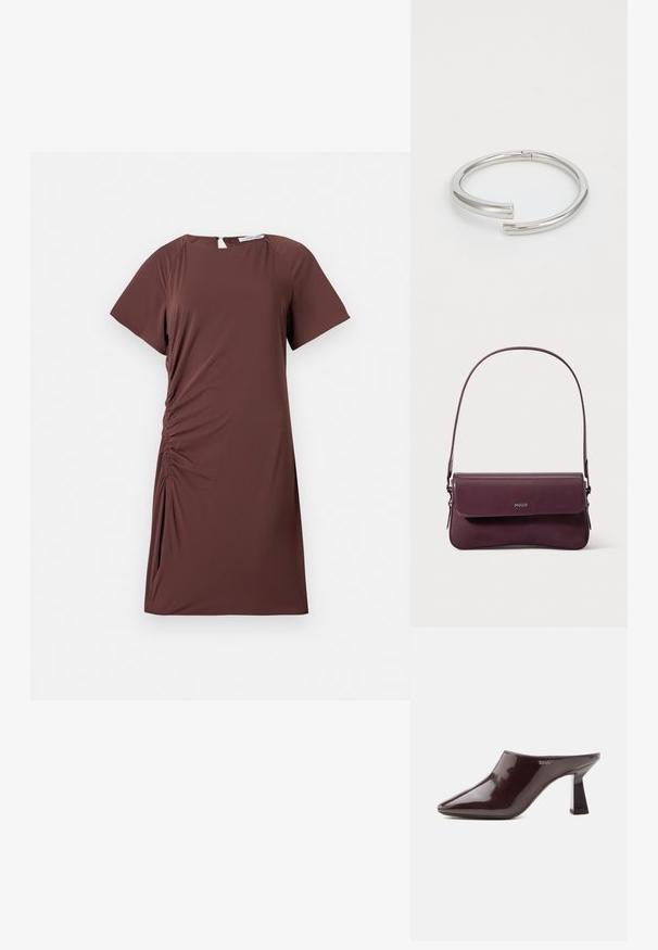 Vestido marrón de manga corta en tejido ligero con escote redondo y detalle fruncido en el lateral, creando una silueta ajustada.; Mule marrón oscuro brillante con puntera puntiaguda, tacón de bloque y logotipo de DKNY en el lateral, exhibido sobre un fondo blanco liso.; Bolso de cuero burdeos con un diseño estructurado, que cuenta con un cierre de solapa y una correa ajustable. Detalle del logotipo grabado en la parte frontal.; Calvin Klein SPIRAL - Pulsera - silver-coloured