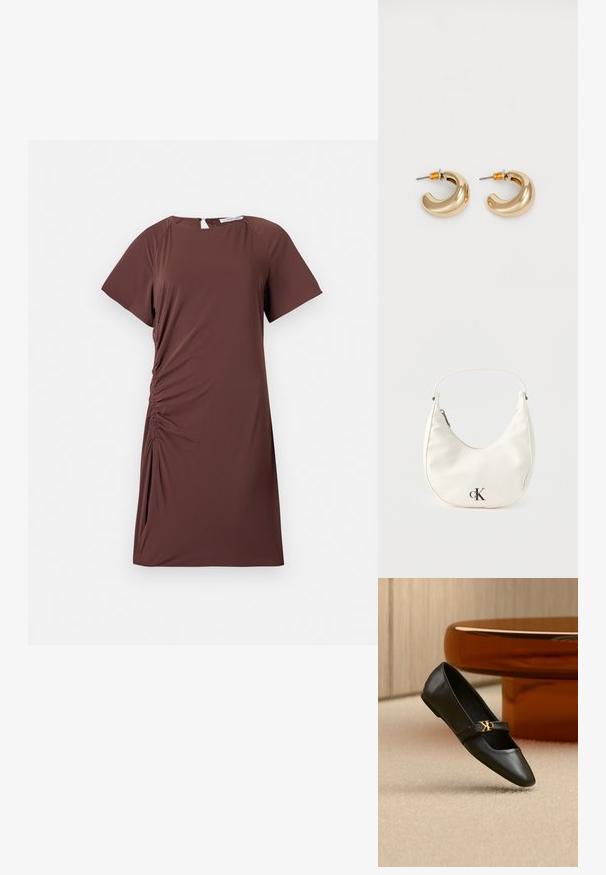 Vestido marrón de manga corta en tejido ligero con escote redondo y detalle fruncido en el lateral, creando una silueta ajustada.; Zapato plano de cuero negro con puntera puntiaguda y logo dorado de CK en la correa, colocado sobre una alfombra beige cerca de una mesa redonda marrón ámbar.; Pequeño bolso blanco en forma de media luna con correa corta, cierre de cremallera y logo negro "cK" en el frente.; Dos pendientes de aro dorados brillantes en un diseño curvado, con acentos naranjas cerca del poste, sobre un fondo blanco liso.