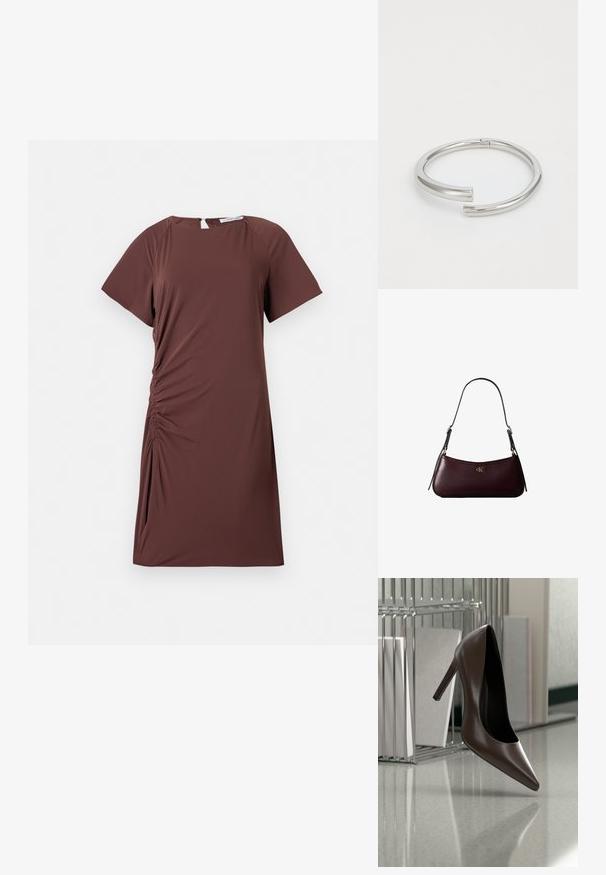 Vestido marrón de manga corta en tejido ligero con escote redondo y detalle fruncido en el lateral, creando una silueta ajustada.; Zapato de cuero marrón oscuro con tacón alto flotando sobre un suelo reflectante junto a un estante metálico con paneles blancos en una habitación.; Bolso de mano de cuero burdeos oscuro con una delgada correa negra para el hombro y pequeño logo dorado "cK" en el centro delantero.; Calvin Klein SPIRAL - Pulsera - silver-coloured