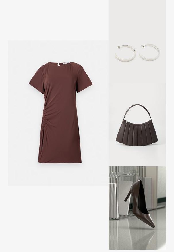 Vestido marrón de manga corta en tejido ligero con escote redondo y detalle fruncido en el lateral, creando una silueta ajustada.; Zapato de cuero marrón oscuro con tacón alto flotando sobre un suelo reflectante junto a un estante metálico con paneles blancos en una habitación.; Bolso marrón plisado con una parte superior curva, base plana y un asa corta. Fabricado con material liso que presenta un detalle de marca sutil.; Pendientes de aro semicírculo en tono plateado con textura acanalada y cierre de presión sobre fondo blanco.