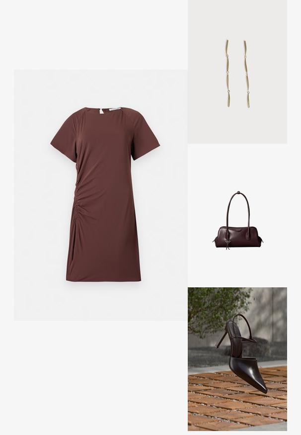 Vestido marrón de manga corta en tejido ligero con escote redondo y detalle fruncido en el lateral, creando una silueta ajustada.; Zueco negro brillante de tacón alto con puntera puntiaguda y correa en el tobillo, suspendido sobre una superficie de baldosas de terracota con espacios de grava.; Bolso de mano de cuero marrón oscuro Calvin Klein con asas dobles largas y un pequeño colgante con el logotipo colgando de una de las asas.; Pendientes largos de oro compuestos por cuatro barras curvadas enlazadas y alargadas sobre un fondo blanco.