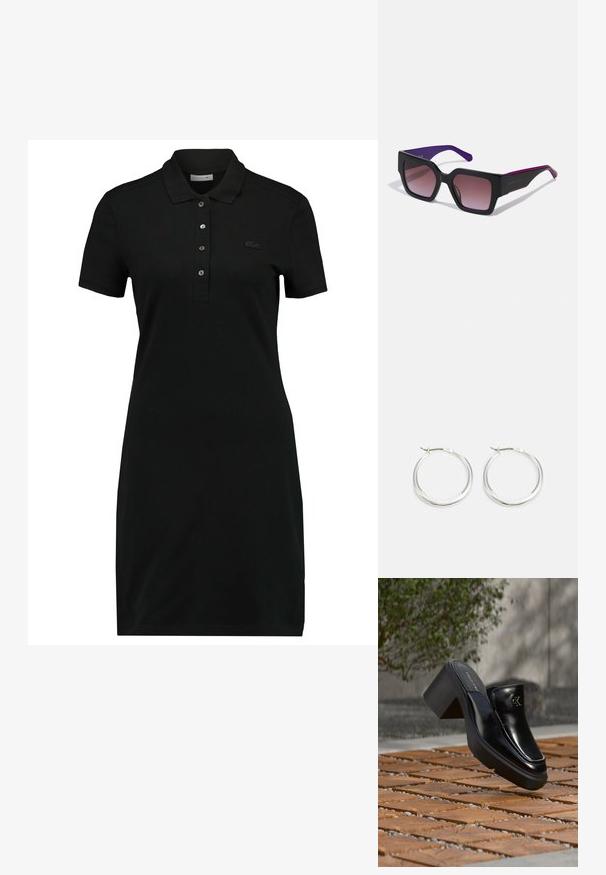 Zwarte polo jurk met korte mouwen, kraag, knoopsluiting met drie knopen en een subtiele logo op de borst. Gemaakt van een gladde, zachte stof.; Zwarte leren Calvin Klein slip-on mule met blokhak rustend op houten tegels buiten, vlak bij een groene plant en een grijze muur.; Zwarte rechthoekige zonnebril met gradient lenzen, paarse armen en slanke randen. Heeft een matte afwerking en een subtiel logo op de poot.; Zilveren hoop oorbellen hebben een glad, rond ontwerp met een dun profiel en een veilige sluiting. Minimalistische stijl met een gepolijste afwerking.