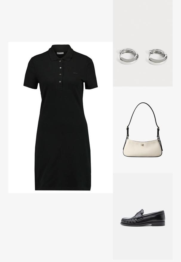 Robe polo noire à manches courtes, col, patte de boutonnage à trois boutons et un logo discret sur la poitrine. Fabriquée en tissu doux et lisse.; Mocassins en cuir noir avec un bout arrondi, une couture distinctive et une bride décorative sur le cou-de-pied. Finition lisse et talon bas.; Petit sac à bandoulière crème avec bordure noire, sangle noire réglable et logo "cK" argenté au centre devant.; Paire de petites boucles d’oreilles créoles argentées brillantes avec surfaces lisses et arrondies sur fond blanc uni.