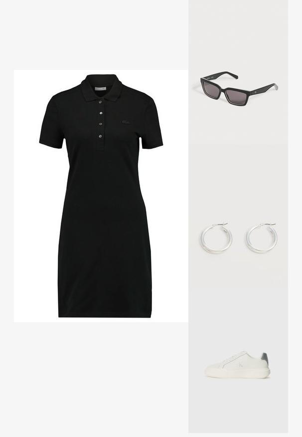 Robe polo noire à manches courtes, col, patte de boutonnage à trois boutons et un logo discret sur la poitrine. Fabriquée en tissu doux et lisse.; Baskets blanches en cuir avec une texture lisse, présentant un accent argenté sur le talon, une semelle plate et un design minimaliste.; Lunettes de soleil rectangulaires noires avec des verres foncés et un logo discret sur la branche, présentées sur un fond clair uni.; Paire de boucles d'oreilles créoles moyennes argentées brillantes avec de fines attaches métalliques sur un fond clair et neutre.