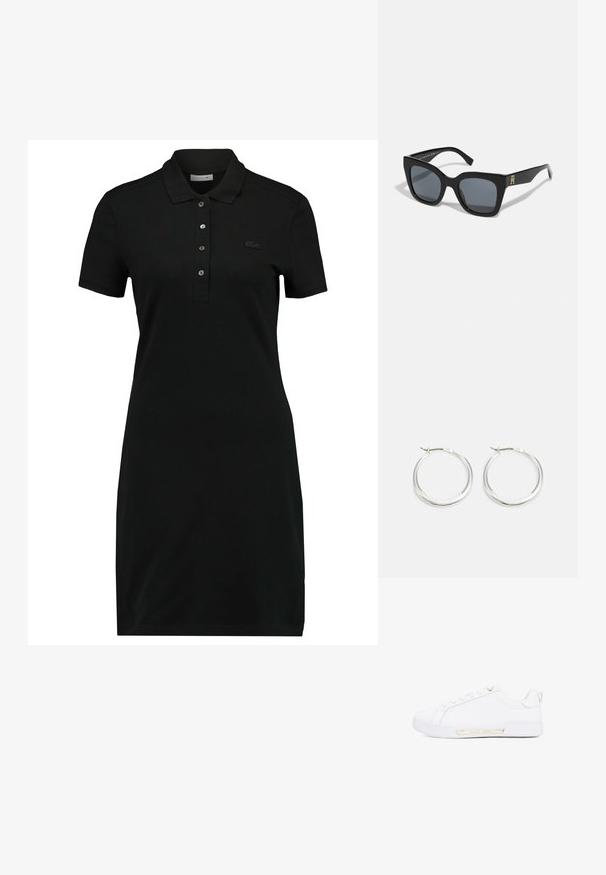 Sort polo kjole med kortærmer, krave, treknaps lukning og et diskret logo på brystet. Lavet af glat, blødt stof.; Hvide lædersneakers med en glat overflade, minimalistisk design, guldaccent på siden og en let ophøjet hvid gummisål.; Sorte solbriller med en markant firkantet form, der har mørke linser og en guld-logo detalje på det ene arm. Fremstillet af glansfuldt plastmateriale.; Sølv hoops øreringe har et glat, afrundet design med en slank profil og sikker spænde. Minimalistisk stil med en poleret finish.