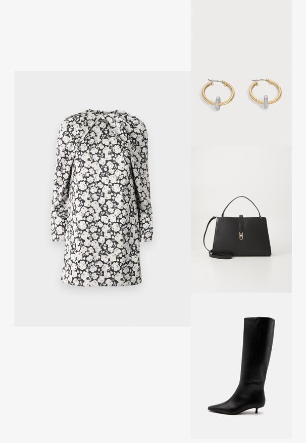 Robe à imprimé floral avec des fleurs blanches sur fond noir. Manches longues, col montant et détail froncé aux épaules. Conception mi-longue.; Botte noire en cuir jusqu'au genou avec bout pointu et petit talon kitten sur un fond clair uni.; Tommy Hilfiger TH LIBRE MED SATCHEL - Sac à main - black; Paire de boucles d'oreilles créoles dorées avec un petit détail boucle ton argent sur chaque, exposées sur fond gris clair.
