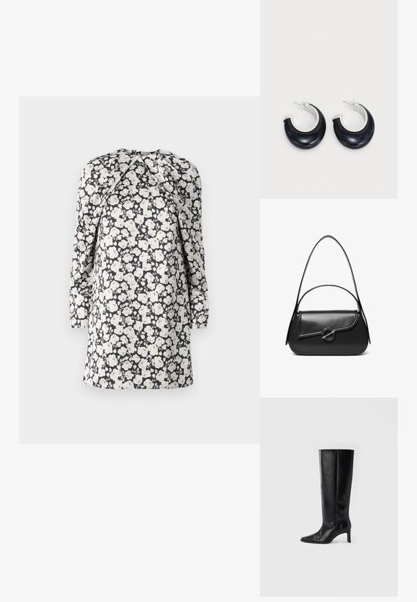 Robe à imprimé floral avec des fleurs blanches sur fond noir. Manches longues, col montant et détail froncé aux épaules. Conception mi-longue.; Bottes noires montantes en cuir lisse, avec un bout pointu et un talon fin, une tige ajustée et un design minimaliste.; Sac à bandoulière en cuir noir avec un rabat incurvé fermé par un fermoir métallique rond et une sangle fine et ajustable.; Boucles d'oreilles en résine noire avec une finition brillante et des accents en métal argenté. Forme circulaire avec une découpe et une fermeture à tige.