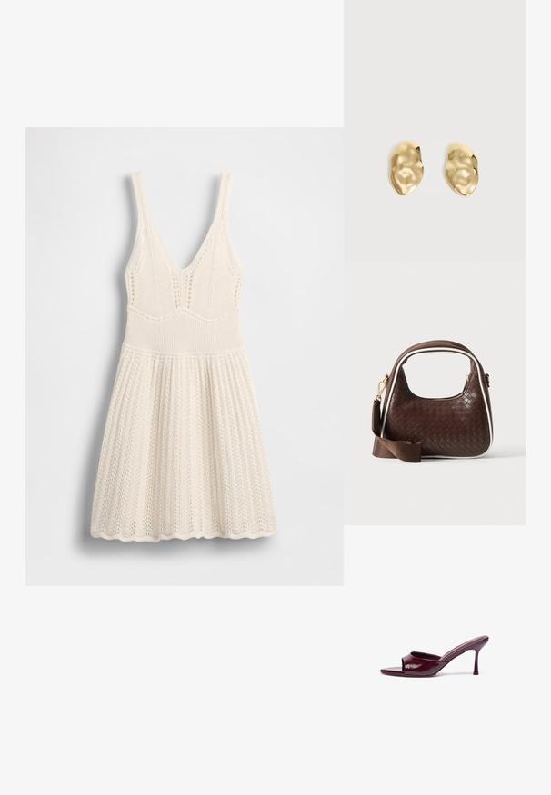 Vestido de punto en color crema, con escote en V, cuerpo acanalado y falda acampanada con borde con ondas y patrón calado en toda la prenda.; Sandalias deslizantes de charol burdeos de punta abierta con forma curvada y un delgado tacón de aguja. Textura suave con detalles mínimos.; Bolso de mano de piel trenzada marrón con ribete blanco, cremallera dorada y correa de hombro de tela marrón desmontable.; Par de pendientes de metal dorado brillante, con forma irregular y superficie arrugada y lisa sobre un fondo claro y sencillo.