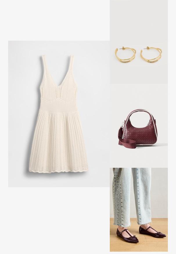 Vestido de punto en color crema, con escote en V, cuerpo acanalado y falda acampanada con borde con ondas y patrón calado en toda la prenda.; Zapatillas de ballet brillantes en color burdeos con tira en T y detalle de lazo en la punta. Combinadas con vaqueros de mezclilla azul claro y corte cropped.; Bolso de mano de cuero tejido color granate con asa curva, ribete blanco, cremallera plateada y correa desmontable de tela ancha para el hombro sobre fondo liso.; Pendientes de aro dorados con diseño retorcido y pequeños cristales incrustados, mostrados sobre un fondo blanco.