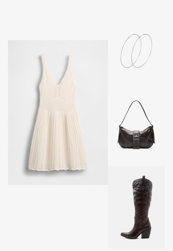 Strickkleid in Creme mit V-Ausschnitt, geripptem Oberteil und ausgestelltem Rock mit wellenförmigem Saum und durchgehendem Lochmuster.; Hoher dunkelbrauner Leder-Cowboystiefel mit gestickten dekorativen Mustern, spitzer Spitze und gestapeltem Blockabsatz.; Braune Lederumhängetasche mit gebogener Form, die mit einem auffälligen Schnallendetail, kontrastierenden Nähten und einem einzigen Schulterriemen ausgestattet ist.; Silberne Creolen mit minimalistischem Design. Rundform, glatte Oberfläche und dünnes Profil. Leichtgewichtig mit hochglänzender Oberfläche.