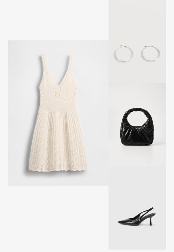 Strickkleid in Creme mit V-Ausschnitt, geripptem Oberteil und ausgestelltem Rock mit wellenförmigem Saum und durchgehendem Lochmuster.; Schwarzer Leder Slingback High Heel Schuh mit spitzer Zehenpartie und schmalem Absatz auf einem weißen Hintergrund.; Schwarze gepolsterte Handtasche mit einem runden Griff, die eine glatte, glänzende Oberfläche und eine weiche, gestepfte Textur aufweist. Keine sichtbare Hardware oder Akzente.; Silberne Metallcreolen mit glatter, leicht gebogener Oberfläche und Klappverschluss vor schlicht weißem Hintergrund.