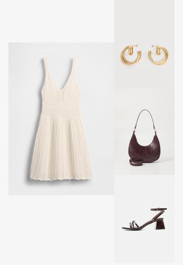 Vestido de punto en color crema, con escote en V, cuerpo acanalado y falda acampanada con borde con ondas y patrón calado en toda la prenda.; Sandalia de charol marrón oscuro con tacón bloque, tira en el tobillo con hebilla y dos tiras finas sobre los dedos, sobre fondo blanco.; Bolso de hombro de cuero burdeos con forma curva, cierre de cremallera y correa desmontable. Presenta una textura suave y detalles en dorado.; Par de pendientes de aro doble brillante de oro con cierres de presión sobre un fondo blanco.