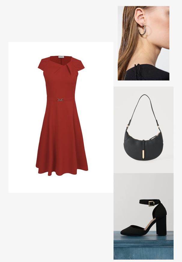 Anna Field by Zalando HARDWARE DETAIL MIDI - Φόρεμα ημέρας - red; Μαύρο ψηλοτάκουνο παπούτσι με λεία υφή, μυτερή μύτη και παχύ τακούνι. Διαθέτει λουράκι στον αστράγαλο με χρυσό τόνο κούμπωμα.; Μαύρη τσάντα χεριού σε σχήμα ημισελήνου με έναν ιμάντα, χρυστό φερμουάρ και χρυσή ορθογώνια διακοσμητική ετικέτα μπροστά.; Ασημένιο σκουλαρίκι κρίκος με γυαλιστερή φινίρισμα, που διαθέτει μικρές χρυσές λεπτομέρειες και στρογγυλό σχήμα, φορεμένο στον λοβό.