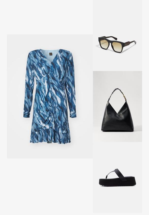 Robe bleue avec un motif en vagues, manches longues, décolleté en V et détails froncés. Dispose d'un ourlet évasé avec une bordure froncée. Confectionnée dans un tissu doux.; Sandale tongs plateforme noire avec une semelle épaisse et une large bride traversant le pied, sur un fond clair uni.; Lunettes de soleil surdimensionnées avec une monture noire et écaille de tortue, des verres dégradés marron, et le logo "Chloé" en doré sur l'armature. Design plat et forme angulaire.; Sac en cuir noir avec un design triangulaire, doté d'une poignée tressée et d'accents en métal doré. Texture lisse et forme structurée.