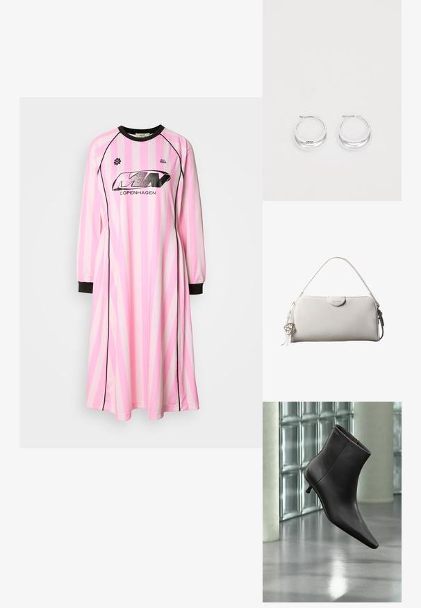 Vestido de manga larga en rosa claro con rayas verticales en rosa más oscuro y blanco, con un cuello redondo negro y puños negros. Logo visible en la parte delantera.; Bota de cuero negro para el tobillo con puntera puntiaguda y tacón pequeño, exhibida frente a una pared de bloques de vidrio y un suelo pulido.; Bolso rectangular blanco de Calvin Klein con un solo asa, diseño minimalista y borlas decorativas con un charm metálico geométrico en el lateral.; Pendientes de aro de plata con un acabado pulido y la marca DKNY, exhibidos sobre un fondo blanco liso.