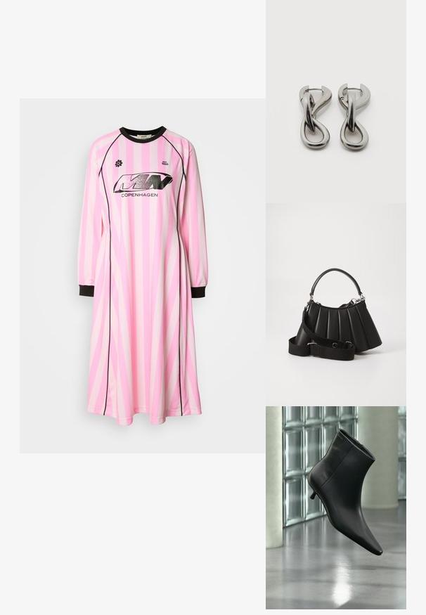 Langärmliges Kleid in Hellrosa mit dunkelpinken und weißen vertikalen Streifen, ausgestattet mit einem schwarzen runden Ausschnitt und schwarzen Manschetten. Logo auf der Vorderseite angebracht.; Schwarzer Leder-Stiefelette mit spitzer Zehenpartie und niedrigem Kitten-Heel, schräg dargestellt vor einem polierten Boden und einer Glasbausteinwand.; Schwarze, gefaltete Handtasche mit einem runden Griff, verstellbarem Schulterriemen und glänzender Textur. Verfügt über silberne Hardware und eine strukturierte Silhouette.; Paar silberfarbene Metallohrringe mit abstraktem ineinandergreifendem Schlaufen-Design auf weißem Hintergrund.