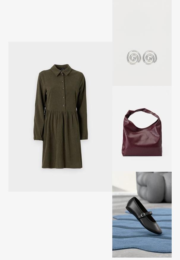 Olijfgroene corduroy jurk met lange mouwen, knoopsluiting aan de voorkant, puntkraag en een uitlopende rok. Bevat een subtiele verticale ribbelstructuur.; Zwarte Mary Jane-schoen met gespsluiting zwevend boven een gestructureerd blauw kleed met een onscherp grijs object op de achtergrond.; Bordeauxrode tas met een gestructureerd, geweven patroon, zacht leermateriaal en een enkele, geknoopte handgreep. Ruim, hobo-stijl ontwerp.; Een paar zilveren spiraalvormige oorringen met een glad, afgerond ontwerp op een effen witte achtergrond.