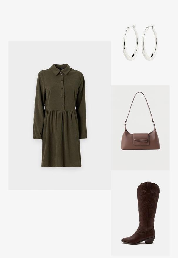 Olijfgroene corduroy jurk met lange mouwen, knoopsluiting aan de voorkant, puntkraag en een uitlopende rok. Bevat een subtiele verticale ribbelstructuur.; Hoge bruine leren cowboylaars met gedetailleerde stiksels, een puntige neus en een blokhak op een effen lichte achtergrond.; Bruine leren schoudertas met een voorvak met klep en een gestikte strikdetail en een verstelbare band.; Zilveren oorbellen in de vorm van een gladde, glanzende ring. Circulaire vorm, voorzien van een veilige sluiting. Eenvoudig en elegant ontwerp.