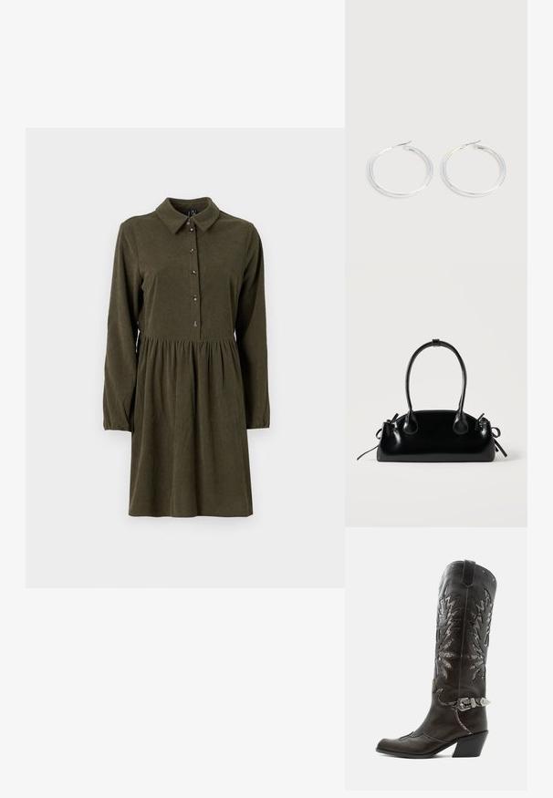 Olijfgroene corduroy jurk met lange mouwen, knoopsluiting aan de voorkant, puntkraag en een uitlopende rok. Bevat een subtiele verticale ribbelstructuur.; Zwarte leren cowboylaars met decoratieve uitsnijdingen, zilveren gesp en schuine hak, weergegeven op een witte achtergrond.; Kleine zwarte glanzende handtas met twee lange hengsels en zijkant trekkoord details op een effen lichte achtergrond.; Een paar glanzende zilveren oorringen met dunne draadafsluitingen, getoond op een lichtgrijze achtergrond.