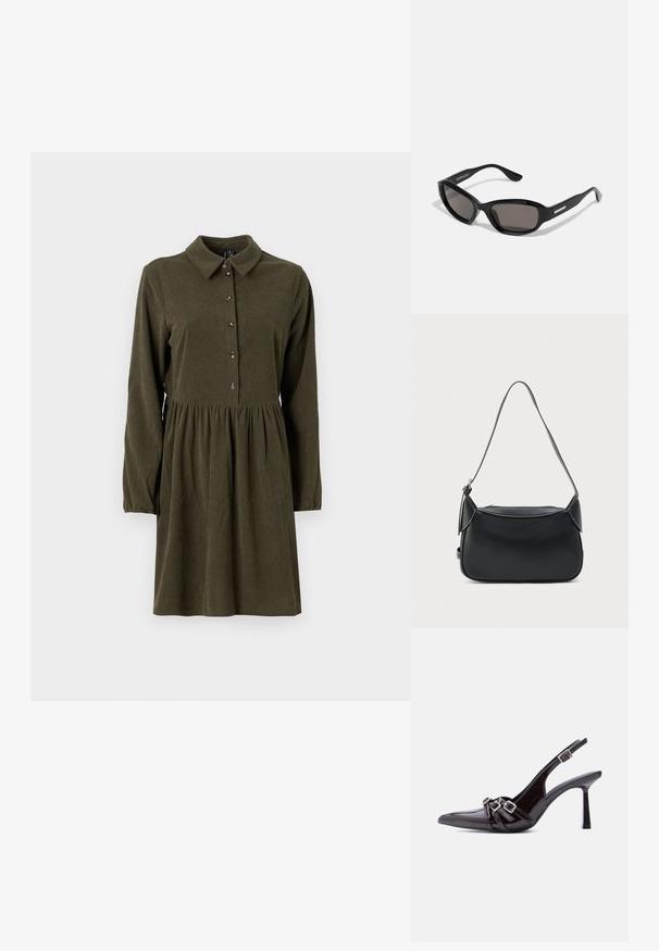 Olijfgroene corduroy jurk met lange mouwen, knoopsluiting aan de voorkant, puntkraag en een uitlopende rok. Bevat een subtiele verticale ribbelstructuur.; Zwart lakleren slingback pumps met hoge hak, puntige neus en drie decoratieve riemen met gespen over de wreef.; Zwarte zonnebril met een rechthoekig frame, donkere lenzen, gladde plastic materiaal en een metalen accent op de poot.; Zwarte leren schoudertas met een glad oppervlak, afgeronde vorm en een dunne band. Voorzien van een ritssluiting en minimale metalen accenten.