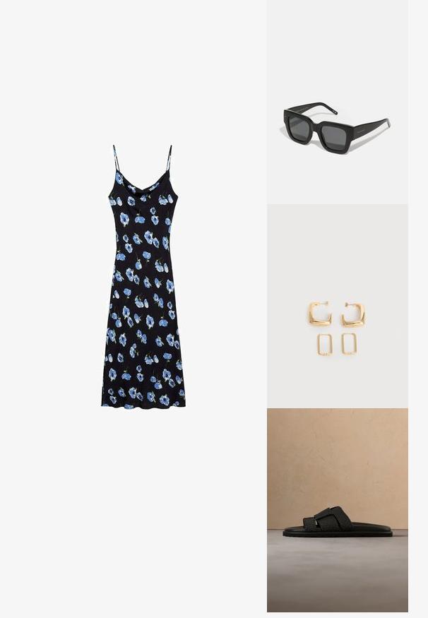Sort slipdress med blå blomster mønster, tynde spaghetti stropper, en cowl halsudskæring og en afslappet pasform, der falder over knæene.; Sort slide-sandal med teksturerede krydsremme og flad sål på en neutral gulv og beige baggrund.; Sorte firkantede solbriller med mørke linser, tyk plastikramme og slanke stænger. Har subtil branding på siden.; To par guldfarvede geometriske hoop-øreringe på en ensfarvet hvid overflade, et par firkantede og solide, et par rektangulære og hule.