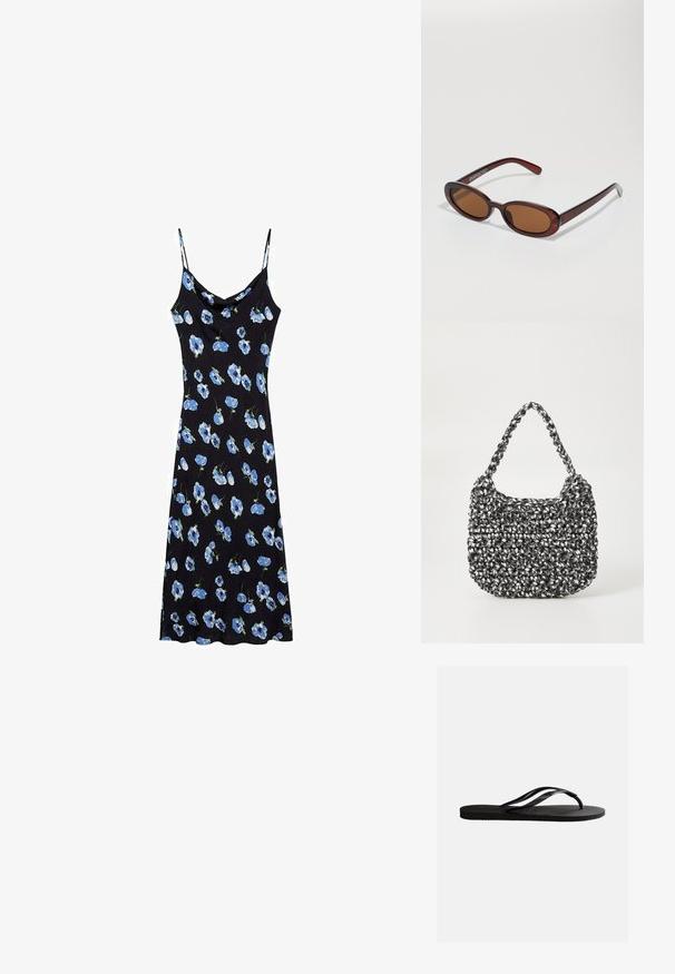 Sort slipdress med blå blomster mønster, tynde spaghetti stropper, en cowl halsudskæring og en afslappet pasform, der falder over knæene.; Sort gummiflip-flop sandal med tekstureret fodseng og tynde Y-formede remme på en ensartet hvid baggrund.; Runde, bruntonede solbriller med en glansfuld bordeauxramme. Slanke arme med diskret brandingdetalje. Flad linsedesign.; Vævet håndtaske i sort og hvid med en rund form, tekstureret overflade og et fletet håndtag. Velegnet til afslappet brug.