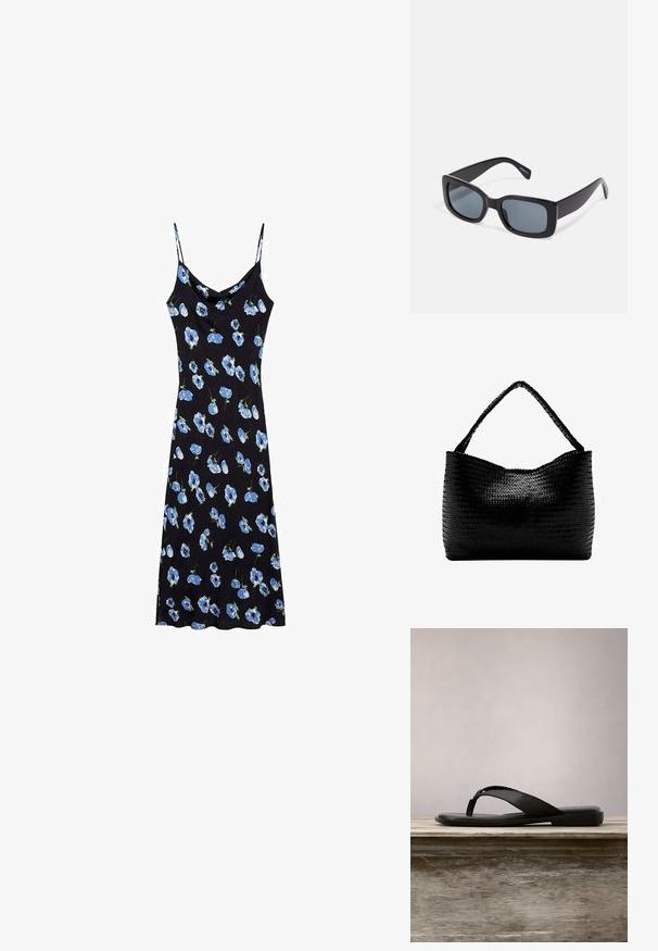 Sort slipdress med blå blomster mønster, tynde spaghetti stropper, en cowl halsudskæring og en afslappet pasform, der falder over knæene.; Sort klipklap med flad sål og tynde stropper. Fremstillet af glat gummi, der fremviser et minimalistisk design. Enkel branding på indersålen.; Sorte rektangulære solbriller med mørkt tonede linser, tyk plastramme og brede stænger. Glat overflade og kantet design.; Sort vævet håndtaske med et enkelt flettet håndtag, rektangulær form og glansfuld tekstureret overflade.