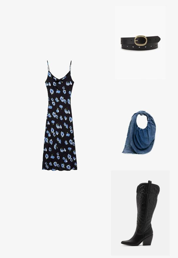 Sort slipdress med blå blomster mønster, tynde spaghetti stropper, en cowl halsudskæring og en afslappet pasform, der falder over knæene.; Sorte knæhøje støvler i læder med spids snude og lagdelt hæl. Har dekorative syninger og buede designelementer.; Blå denim skuldertaske med et rundt håndtag, detaljer af rynket stof og frynset kanter, med broderet mærketekst.; Sort læderbælte med en oval messingspænde. Har flere huller til størrelsejustering. Glat tekstur med et klassisk, minimalistisk design.
