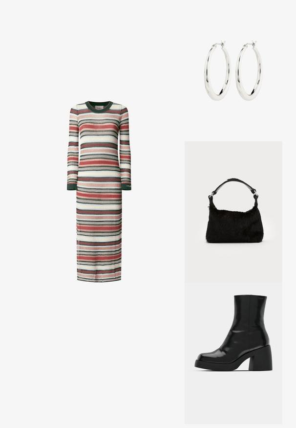 Vestido de manga larga a rayas en punto acanalado. Presenta rayas alternas en rojo, verde, crema y azul. Cuello redondeado y aberturas laterales.; Botas de tobillo negras con un acabado brillante, punta cuadrada y un tacón grueso en bloque. El diseño presenta una silueta sin costuras y un minimalismo en la marca.; Bolso de mano de piel sintética negra con una textura suave, forma redondeada y una resistente correa de cuero negro para el hombro. Acentos de herrajes plateados visibles.; Pendientes de aro de plata con un acabado suave y brillante. Forma circular, con un cierre seguro. Diseño sencillo y elegante.