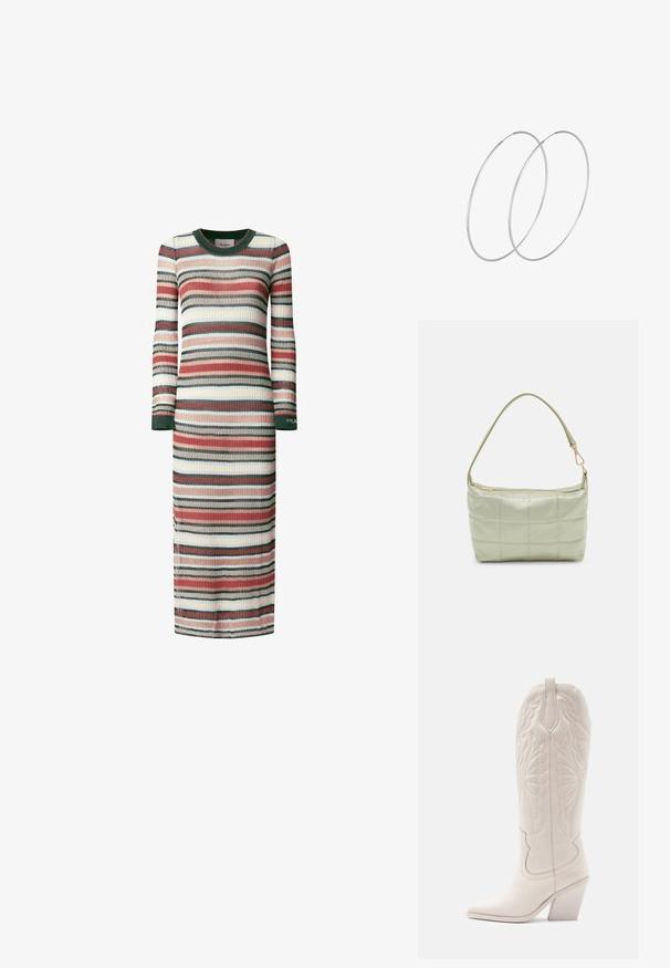 Vestido de manga larga a rayas en punto acanalado. Presenta rayas alternas en rojo, verde, crema y azul. Cuello redondeado y aberturas laterales.; Bota vaquera de cuero blanco con punta afilada y tacón bloqueado. Presenta patrones de costura intrincados en el caña y una textura suave.; Bolsa de hombro acolchada de color verde con una textura suave, forma rectangular, correa única y cierre de cremallera en tono dorado. Presenta un patrón acolchado.; Pendientes de aro plateados con un diseño minimalista. Forma circular, textura suave y perfil delgado. Livianos con un acabado pulido.
