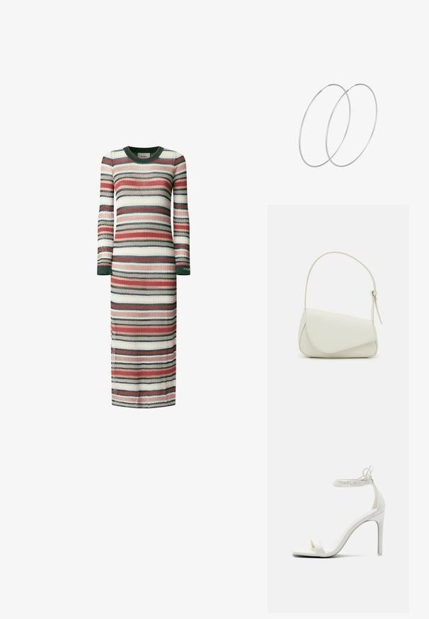 Vestido de manga larga a rayas en punto acanalado. Presenta rayas alternas en rojo, verde, crema y azul. Cuello redondeado y aberturas laterales.; Call it Spring Sandalias de tacón - white; Bolso de mano de imitación cuero blanco con una forma triangular estructurada, correa ajustable única y cierre con solapa acentuada en curva.; Pendientes de aro plateados con un diseño minimalista. Forma circular, textura suave y perfil delgado. Livianos con un acabado pulido.