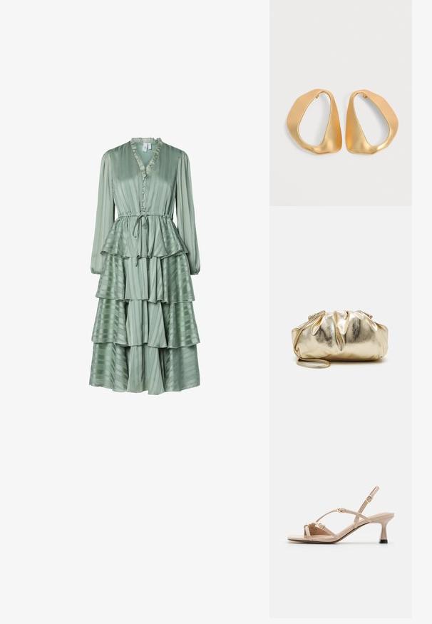 Grøn, lagdelt kjole med lange ærmer, en flæsekrave, knapdetaljer og snoreliv. Lavet af glat, stribet stof.; Call it Spring DIANAH - Sandaler - other beige; Guldmetallic clutchtaske med en rynket tekstur, blød rund form og en aftagelig kæderekke. Har et sammenfoldet design øverst.; Par af uregelmæssige, asymmetriske gyldne hoop-øreringe med en glat, mat finish på en neutral baggrund.