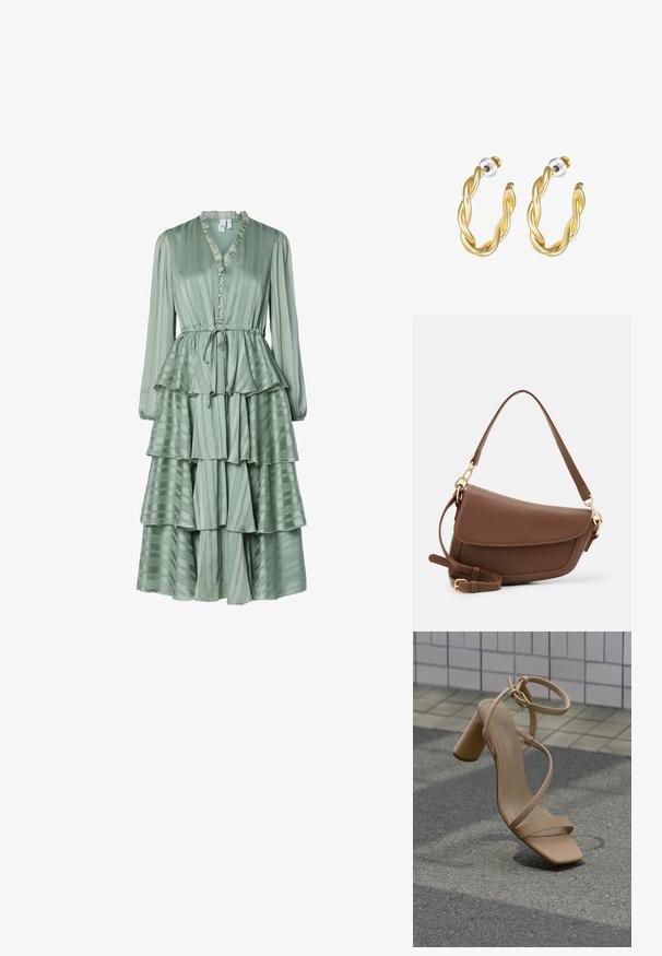 Vestido verde en capas con mangas largas, un escote con volantes, detalles de botones y una cintura con cordón. Hecho de una tela lisa y a rayas.; Sandalia beige con tiras y tacón alto de bloque flotando sobre una superficie de asfalto cerca de una pared de azulejos.; Bolso de hombro de cuero marrón con acabado texturizado, forma curvada, herrajes en tono dorado, correa ajustable y cierre de solapa.; Pendientes de aro retorcidos en oro con una superficie lisa, que cuentan con un respaldo transparente y herrajes en tono dorado.