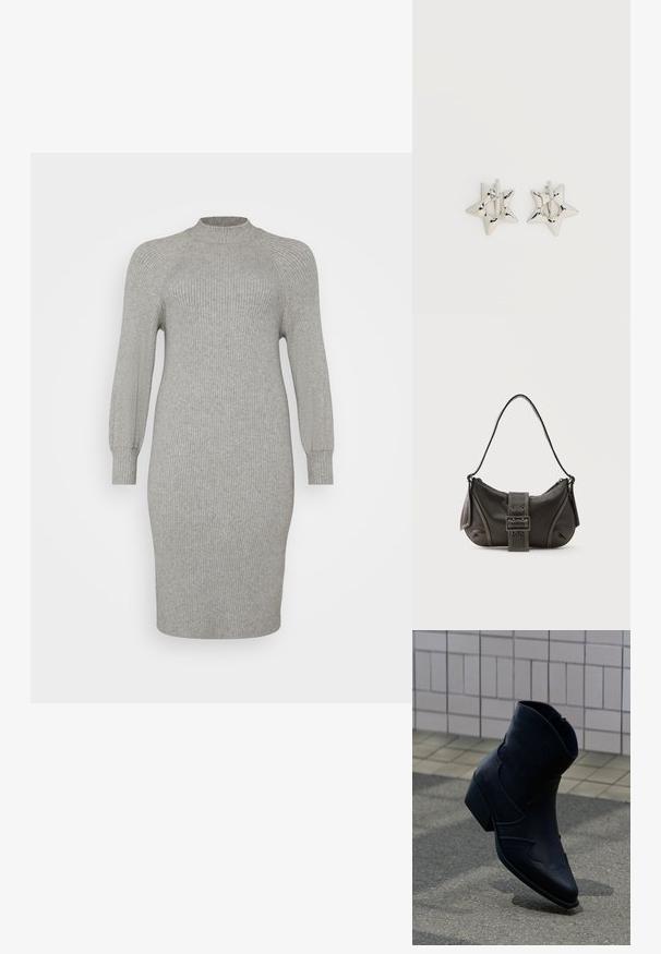 Tsoonilõikega hall ribakudum dress, millel on pikad, veidi puhvikujulised varrukad ja kõrge kaelus. Üksikulek, mille põhjas on põlvekõrgus. Sile tekstuur.; Mustast nahast pahkluuking madala kontsaga, dekoratiivse õmbluse ja terava ninaga, püsti asetatud kivitatud pinnal plaaditud seina kõrval.; Mustast nahast õlakott pandlanööriga detailiga, kõverate servade ja kontrastse valge õmblusega tavalise tausta peal.; Hõbedast tähekujulised rõngaskõrvarõngad, millel on sile ja poleeritud viimistlus, tavalise valge taustaga.