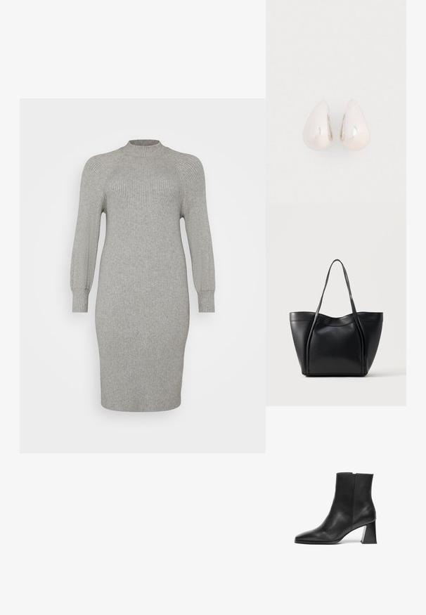 Grau gestreiftes Strickkleid mit langen, leicht puffigen Ärmeln und hohem Kragen. Figurbetonte Silhouette mit einem knielangen Saum. Glatte Textur.; Schwarzer Leder-Stiefelette mit spitzem Fuß, mittelhohem geometrischem Absatz und glatter Textur. Schlichtes Design ohne sichtbare Beschläge oder Akzente.; Schwarze Ledertasche mit zwei langen Henkeln und einem leicht gebogenen oberen Rand, vor einem schlichten hellen Hintergrund präsentiert.; Silberne Metall-Ohrringe in Tropfenform mit einer glatten, reflektierenden Oberfläche, die ein nahtloses Design und keine sichtbaren Verzierungen aufweisen.