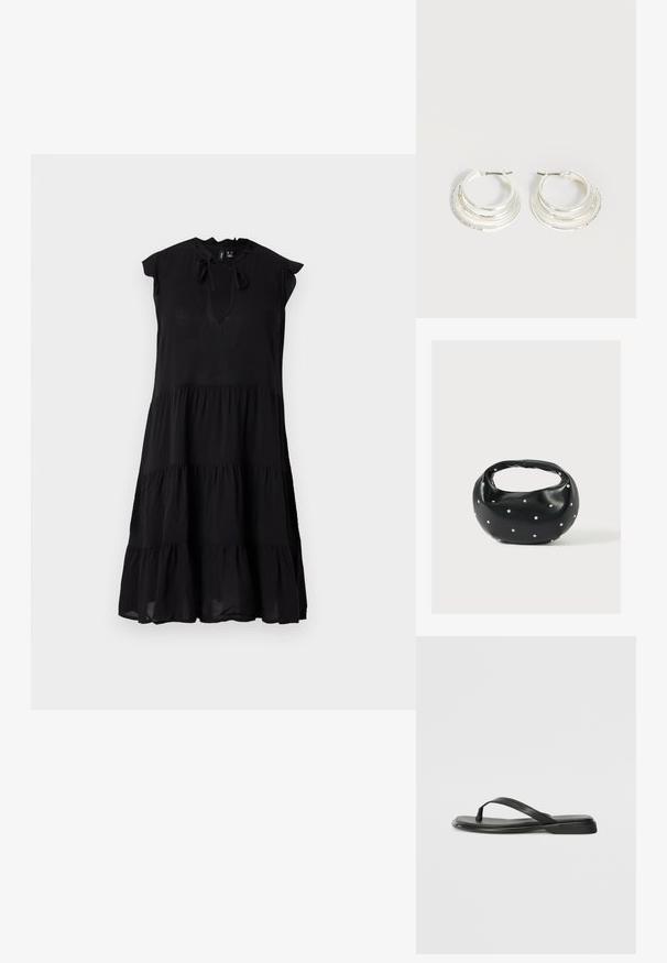 Robe midi noire sans manches à volants avec col froufrou et ouverture devant nouée par un nœud.; Tongs noires en cuir lisse, avec un design de sangle fine et une semelle plate à profil minimal. Aucun motif ou accent notables.; Sac à main en cuir noir de forme arrondie, décoré de clous argentés et équipé d'une poignée courte. Texture lisse et fermeture éclair.; Boucles d'oreilles créoles en argent avec trois bandes semi-circulaires superposées, dont une ornée de petits cristaux clairs sur un fond clair.
