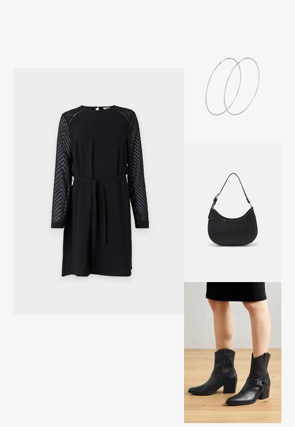 Vestido negro con largas mangas de organza texturizadas que presentan un patrón de espiga, un escote redondo y un cinturón de tela en la cintura.; Botines de cuero negro con punta afilada, cierre de cremallera, tacón curvado y una correa decorativa con detalles metálicos.; Bolso hobo negro hecho de cuero suave con una silueta curva, que cuenta con una sola correa ajustable y detalles de diseño minimalistas.; Pendientes de aro plateados con un diseño minimalista. Forma circular, textura suave y perfil delgado. Livianos con un acabado pulido.