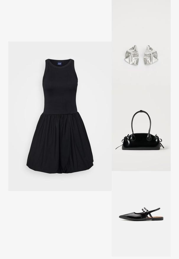 Robe noire avec un buste à débardeur ajusté et une jupe évasée froncée. Fabriquée en tissu doux et extensible avec une texture lisse.; Des chaussures slingbacks en cuir verni noir présentent un bout pointu, deux sangles avec des accents de boucle, et une semelle plate.; Petit sac à main noir brillant avec deux longues anses et des détails à cordon sur les côtés sur un fond clair uni.; Boucles d'oreilles en métal argenté avec un design ondulé et sculptural, présentant une finition polie et des formes irrégulières, mettant en valeur une esthétique contemporaine.