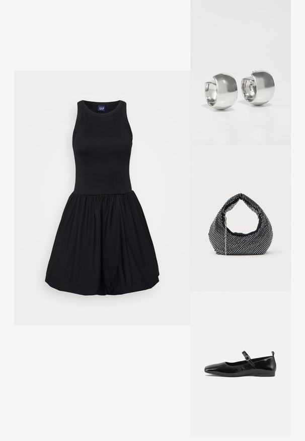 Robe noire avec un buste à débardeur ajusté et une jupe évasée froncée. Fabriquée en tissu doux et extensible avec une texture lisse.; Chaussure plate en cuir verni noir avec un bout pointu, une sangle de cheville avec boucles, et une texture lisse et brillante. Talon bas pour le confort.; Sac à main en maille noire orné de clous en argent, avec une poignée incurvée et une bandoulière en chaîne. Texture douce avec une forme arrondie.; Uncommon Matters SCULPTURAL LARGE CREOLE - Boucles d'oreilles - silver-coloured