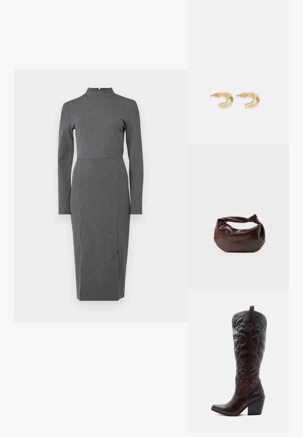 Graues, langärmliges Kleid mit hohem Kragen, tailliertem Oberteil und einem Schlitz am Saum, das ein dezentes Nadelstreifenmuster aufweist.; Hoher dunkelbrauner Leder-Cowboystiefel mit gestickten dekorativen Mustern, spitzer Spitze und gestapeltem Blockabsatz.; Dunkelbraune Lederschultertasche mit weicher, lockerer Form und einem gedrehten Knotengriff vor schlichtem weißem Hintergrund.; Goldene, mondförmige Ohrringe mit glatter Oberfläche, die orangefarbene Akzente nahe dem Stecker und silberne Beschläge aufweisen.
