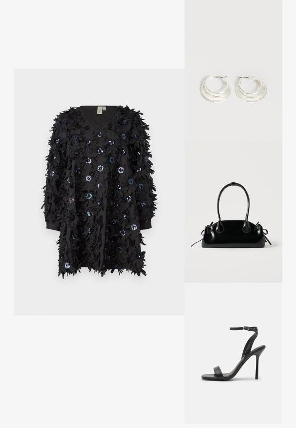 Schwarzes Kleid aus Stoff mit V-Ausschnitt, verziert mit strukturierten Blumenmotiven und Pailletten, mit langen Ärmeln und einem entspannten Schnitt.; Schwarze High-Heels-Sandalen mit schlankem Knöchelriemen und zwei vorderen Riemen. Aus glattem Leder gefertigt, mit einer eleganten spitzen Zehenform und einem Stiletto-Absatz.; Kleine schwarze glänzende Handtasche mit zwei langen Griffen und seitlichen Kordelzug-Details vor einfachem hellem Hintergrund.; Silberne Creolen mit drei geschichteten halbkreisförmigen Bändern, eines davon verziert mit kleinen klaren Kristallen auf hellem Hintergrund.