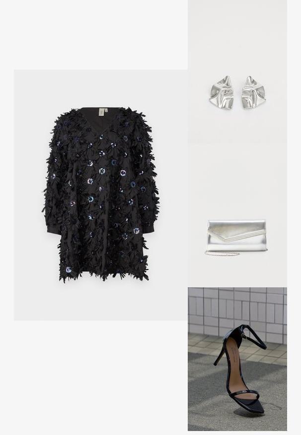 Schwarzes Kleid aus Stoff mit V-Ausschnitt, verziert mit strukturierten Blumenmotiven und Pailletten, mit langen Ärmeln und einem entspannten Schnitt.; Schwarze, hochhackige Sandale aus Lackleder mit Knöchelriemen, goldener Schnalle und spitzer Zehenpartie, auf einer gefliesten und asphaltierten Fläche aufrecht stehend.; Glänzende silberne Clutch mit Umschlagklappe und dekorativem Besatz, kleiner silberner Kettenriemen, auf einfachem hellem Hintergrund.; Silberne Metallohrringe mit einem wellenförmigen, skulpturalen Design, das eine polierte Oberfläche und unregelmäßige Formen aufweist, die eine zeitgenössische Ästhetik betonen.