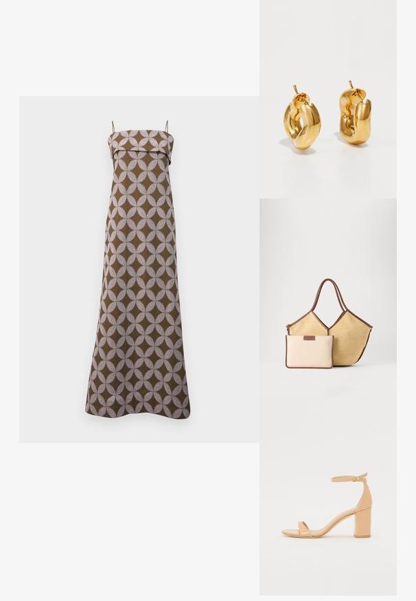Robe longue marron avec un motif circulaire blanc, dotée de fines bretelles et d'un décolleté droit. Confectionnée en tissu léger, au design long jusqu'au sol.; Sandales à talons en cuir verni nude avec un orteil carré, une sangle à la cheville et un talon bloc chunky. Texture lisse et détails de design minimalistes.; Sac fourre-tout tissé beige avec garniture marron et anses, accompagné d'une petite pochette beige avec bords marron et fermeture éclair.; Boucles d'oreilles créoles en or massif avec un design tubulaire légèrement tordu et des fermoirs à tige sur un fond blanc.
