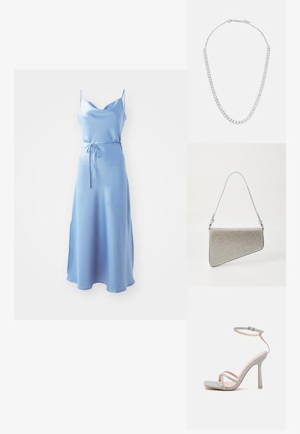 Himmelblaues Satin-Midi-Kleid mit tiefem Ausschnitt, dünnen Trägern und gebundenem Taillenbereich. Es hat eine glatte Oberfläche und weiche Drapierung.; RAID WILIA - High Heel Sandalette - silver; Clutch-Tasche in dreieckiger Form, bedeckt mit silbernem Mesh-Stoff. Verfügt über einen dünnen, verstellbaren Schultergurt und metallische Hardware-Akzente.; ALDO MIRAOLLA - Halskette - silver-coloured