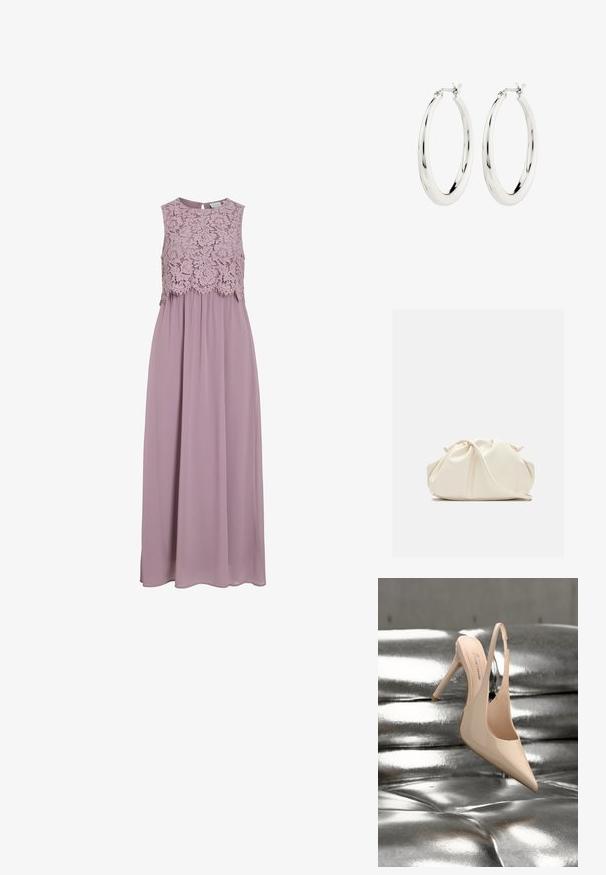 Vestido maxi en lavanda suave, con un cuerpo de encaje y diseño sin mangas. Tela fluida con un leve brillo y detalle de cintura fruncida.; Zapato de tacón alto y tiras traseras de charol beige, etiquetado como "VEGANO", descansando sobre una superficie capitoné metálica plateada.; Bolso de mano de cuero suave de color crema con diseño fruncido y plisado y una delgada correa para el hombro que descansa delante sobre un fondo liso.; Pendientes de aro de plata con un acabado suave y brillante. Forma circular, con un cierre seguro. Diseño sencillo y elegante.
