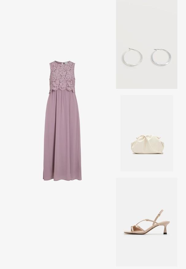 Maxi-kjole i dæmpet lavendel, med en blonde-bodice og uden ærmer. Flydende stof med en subtil glans og samlet taljedetalje.; Call it Spring DIANAH - Sandaler - other beige; Blød, cremefarvet læder clutch taske med samlet, rynket design og en tynd skulderrem, der hviler foran på en ensfarvet baggrund.; Sølvfarvede metaloorringe med glat, let buet overflade og låsemekanisme på en ensfarvet hvid baggrund.