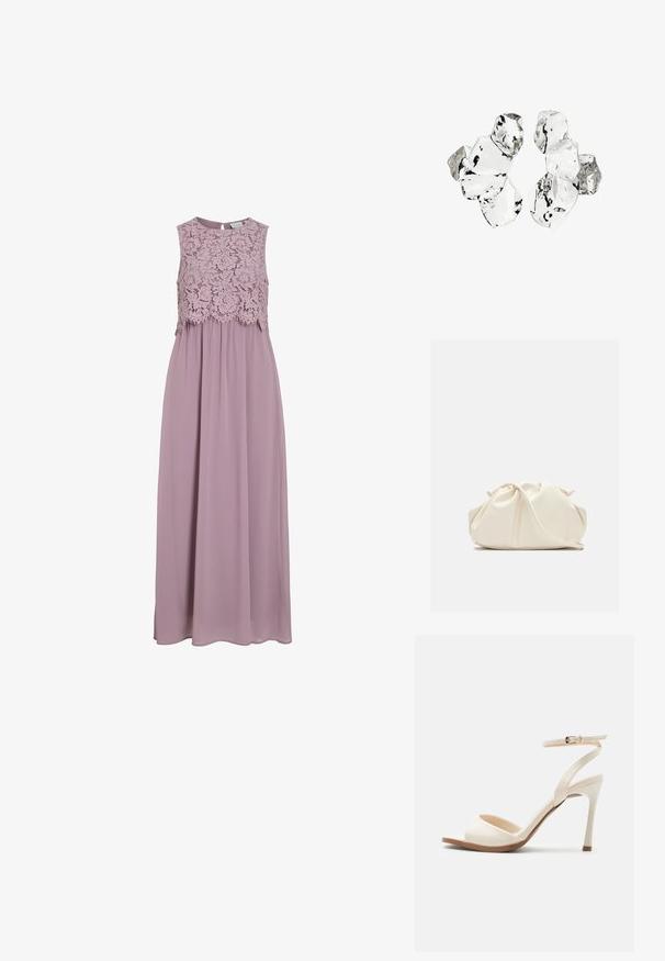 Vestido maxi en lavanda suave, con un cuerpo de encaje y diseño sin mangas. Tela fluida con un leve brillo y detalle de cintura fruncida.; Sandalia beige de tacón alto con tira delgada en el tobillo y hebilla dorada, punta abierta y tacón de aguja delgado sobre un fondo blanco.; Bolso de mano de cuero suave de color crema con diseño fruncido y plisado y una delgada correa para el hombro que descansa delante sobre un fondo liso.; Conjunto de seis piezas de forma irregular, translúcidas y reflectantes, similares al vidrio, dispuestas sobre un fondo blanco.