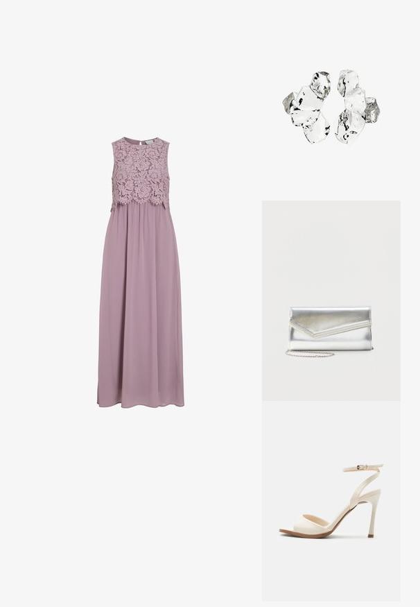Vestido maxi en lavanda suave, con un cuerpo de encaje y diseño sin mangas. Tela fluida con un leve brillo y detalle de cintura fruncida.; Sandalia beige de tacón alto con tira delgada en el tobillo y hebilla dorada, punta abierta y tacón de aguja delgado sobre un fondo blanco.; Bolso clutch plateado brillante con solapa de estilo sobre y adorno decorativo, pequeña correa de cadena plateada, sobre fondo liso claro.; Conjunto de seis piezas de forma irregular, translúcidas y reflectantes, similares al vidrio, dispuestas sobre un fondo blanco.